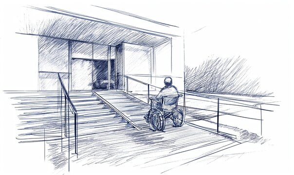 Architecture sketch for building project with access ramp for the disabled, a wheelchair user is accessing alone an office entrance, appartment or institution, mobility impaired friendly urban design