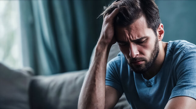 un homme avec des probl&egrave;me se tient la t&ecirc;te et &agrave; l'air triste