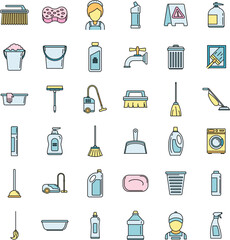 Cleaning services equipment icons set. Outline set of cleaning services equipment vector icons thin line color flat on white