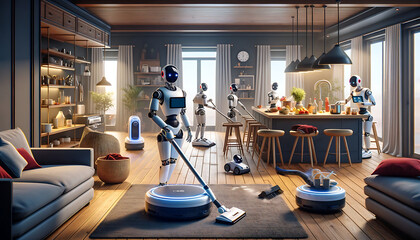 A household assistant robots seamlessly integrated into daily life, Robots performing tasks