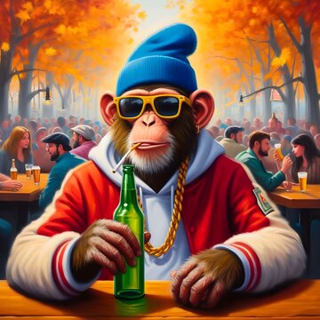 Painting of hiphop monkey drinking beer at a bar. 
