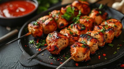 Savor the Flavor: Dark Orange and Gray Aesthetics with Chicken Skewers and Ketchup