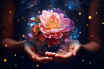 Close up of female hands holding beautiful lotus flower in magic space. Flower Magic. floral galaxy abstract background.