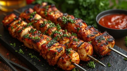 Home-cooked Elegance: Chicken Skewers with Ketchup on a Stylish Dark Orange Plate