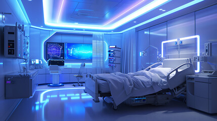 Um quarto de hospital moderno e elegante é banhado por uma suave iluminação de  L E D criando uma atmosfera calma e futurista