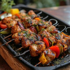 Savor the Moment: Top-Down View of Grilled Chicken Kebab Skewers on a Black Plate, Set on a Wooden Table with Copy Space