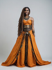 AI generated image of an African young woman in a fantasy tribal dress isolate on a white background 