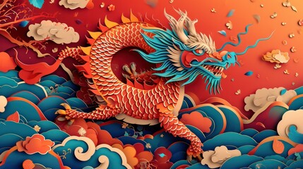 Fototapeta na wymiar Chinese New Year dragon watercolor background. Hand drawn art.