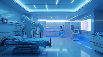 Uma sala de hospital moderna e elegante é iluminada por luzes ambiente azuis e brancas criando uma sensação de calma e eficiência