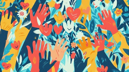 Group of diverse people with arms and hands raised towards a hand painted heart. Charity donation and volunteer work. Support and assistance. Multicultural and multiethnic community. People diversity - obrazy, fototapety, plakaty