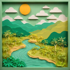 Fototapeta na wymiar 3D Paper art of tropical nature scene. Papercraft rainforest river landscape. Generative ai
