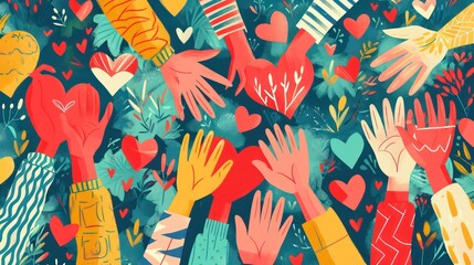 Group of diverse people with arms and hands raised towards a hand painted heart. Charity donation and volunteer work. Support and assistance. Multicultural and multiethnic community. People diversity - obrazy, fototapety, plakaty