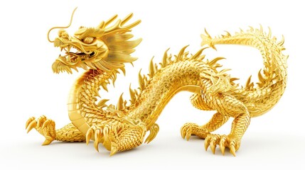 Fototapeta premium Chinese golden dragon isolated on white with clipping path.Golden traditional chinese dragon isolated on white background. Feng Shui statuette.