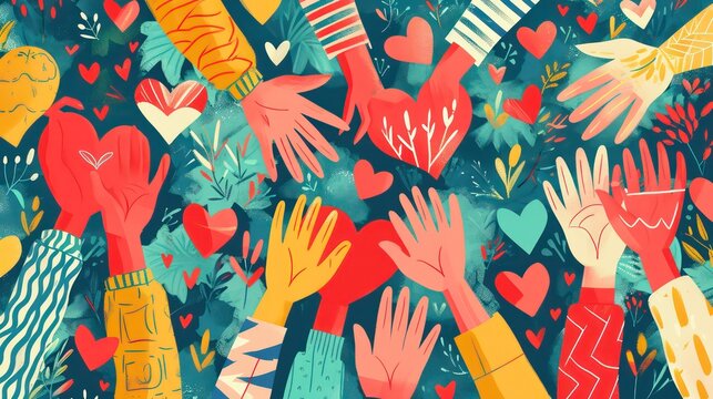 Group of diverse people with arms and hands raised towards a hand painted heart. Charity donation and volunteer work. Support and assistance. Multicultural and multiethnic community. People diversity