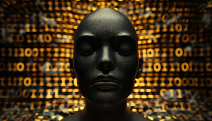 Black genderless person face, looks like stone statute, eyes closed, glowing yellow binary numbers abstract background. Artificial intelligence or technological transcendence concept. Generative AI