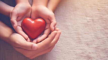 Young woman holding red heart, health insurance, donation, happy charity volunteer concept, world health day, world mental health day, world heart day