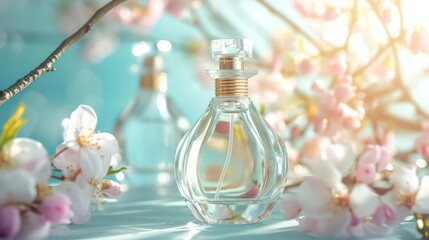 Obraz na płótnie Canvas Sakura perfume ads, realistic style perfume in a glass bottle on blurred blue background with bokeh with sakura flowers. Great advertising poster for promoting a new fragrance Vector template.