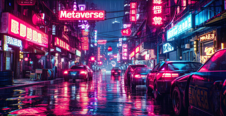 Cyberpunk neon city at night, dark futuristic town in rain, sign Metaverse on modern wet street with red, purple and blue light. Concept of future, virtual reality, game, technology, - obrazy, fototapety, plakaty