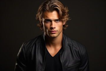 Handsome male model with wavy hair isolated on dark studio background, face of young man wearing black jacket. Concept of style, fashion, beauty portrait, hairstyle - obrazy, fototapety, plakaty