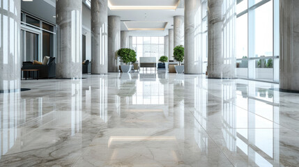Interior of luxury lobby of commercial building, clean shiny floor in office hall after professional cleaning service. Concept of marble tile, light, corporate hallway, design. - obrazy, fototapety, plakaty