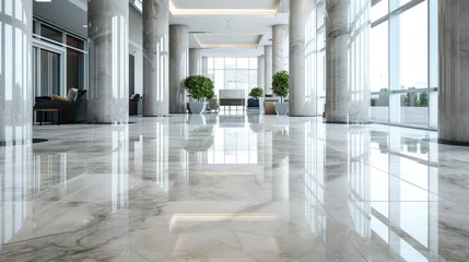 Foto op Plexiglas Interior of luxury lobby of commercial building, clean shiny floor in office hall after professional cleaning service. Concept of marble tile, light, corporate hallway, design. © scaliger