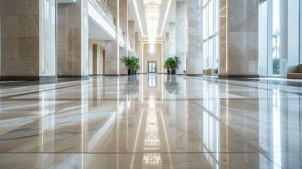 Interior of spacious lobby of commercial building, clean shiny floor in office hall after professional cleaning service. Concept of marble tile, light, background, luxury modern design