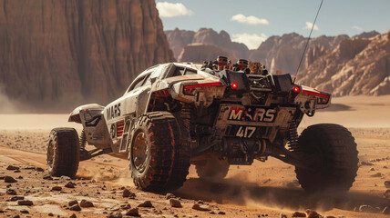 Vintage Mars rover driving down dusty road, old vehicle moves on deserted Martian surface, futuristic car on mountain background. Concept of technology, mission, exploration, future