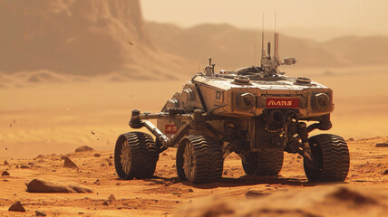 Mars rover moves on sandy surface, vintage vehicle in Martian desert, futuristic wheel robot on mountain background. Concept of technology, science, exploration, future.