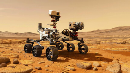Space rover in red desert, futuristic wheel robot explores surface of planet, unmanned vehicle with photo and video cameras. Concept of Mars, technology, science, discovery, future.