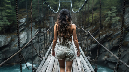 Young woman walks on suspension wooden bridge in tropical forest, person on old footbridge across river. Scene with girl, jungle and water. Concept of travel, adventure, nature