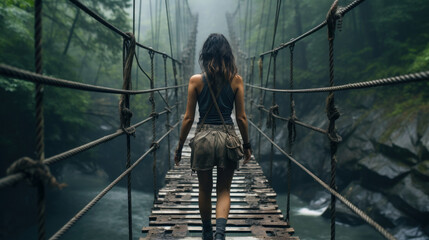 Person walks on suspension wooden bridge in misty jungle, woman is on old footbridge across river. Scene with girl tropical forest and water. Concept of travel, adventure, nature - obrazy, fototapety, plakaty