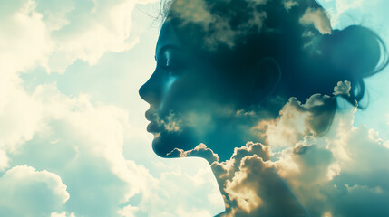 Double Exposure portrait of woman blended with cloudy sky background