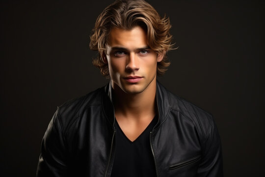 Handsome male model with wavy hair isolated on dark studio background, face of young man wearing black jacket. Concept of style, fashion, beauty portrait, hairstyle