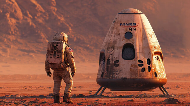 Astronaut walks near spacecraft or Mars lander, spaceman and Martian spaceship on red mountain background. Concept of planet, science, space travel, mission, discovery, future
