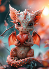 Fototapeta premium small cute baby dragon holding heart, valentine's day, love, symbol, card, february 14, chinese calendar, passion, date, mythical character, lizard