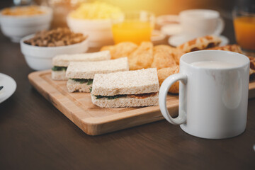Breakfast served food with beverage coffee, orange juice on table in the morning at home, Fresh and bright continental breakfast healthy