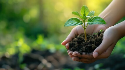 Planting and protecting trees to reduce global warming. The hands of children who protect trees