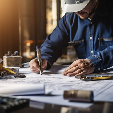 Mature contractor drawing on blueprints with a pencil, creating a home improvement plan