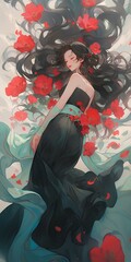 A dreamy and fantastic figure of a beautiful woman in a black dress swimming in the air with fluttering red flowers. Japanese manga anime style illustration. generative AI