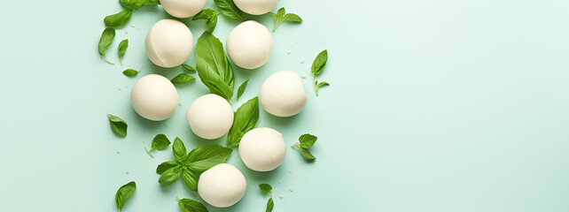 Mozzarella cheese with basil leaves on mint background. Top view, copy space	
