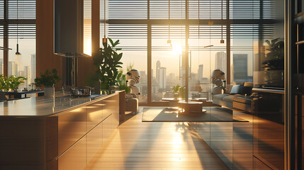 Uma cozinha moderna e elegante com uma vista panorâmica da cidade através de janelas do chão ao teto