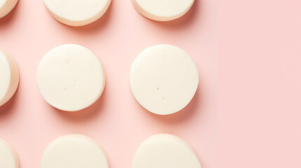 Mozzarella cheese on light pink background, top view, copy space	