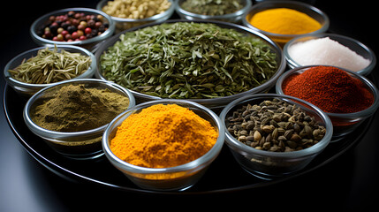 Colored spice background. Spices top view