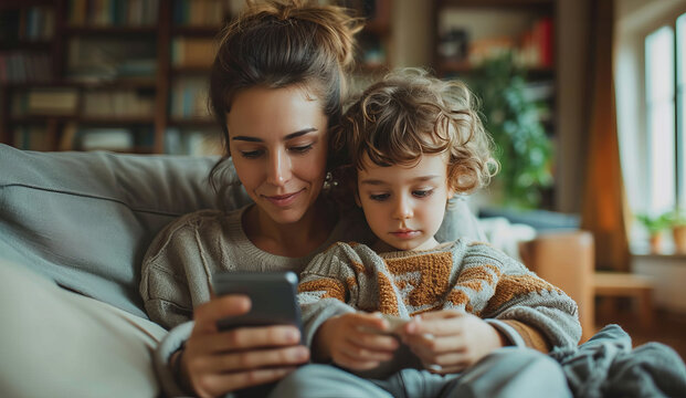 parent and child watching at  a cell phone