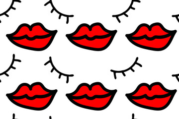 Sexy woman face with lips and eye lashes. Bright contrast beauty. Make up. Lipstick and mascara. Fashion, trend, cosmetics. Feelings. Seamless vector pattern. Red, black, white colors. Cartoon style. - obrazy, fototapety, plakaty
