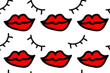 Fotobehang Sexy woman face with lips and eye lashes. Bright contrast beauty. Make up. Lipstick and mascara. Fashion, trend, cosmetics. Feelings. Seamless vector pattern. Red, black, white colors. Cartoon style. © Alyona
