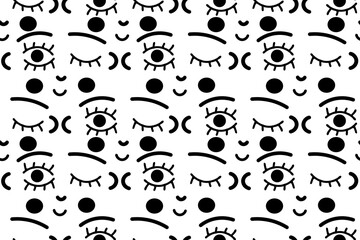 Fototapeta premium Cute cartoon eyes, smile, face black outlines on the white background. Seamless vector pattern for design and decoration.