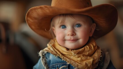 Baby cowboy wearing western cowboy jeans fashion cool brown hat bandanna jacket cute happy young boy model