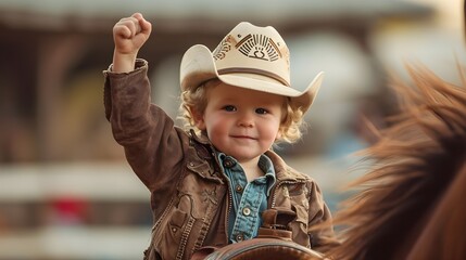 Happy smiling young cowboy riding horse at rodeo event, wearing a cowboy hat, posing with one hand raised - obrazy, fototapety, plakaty