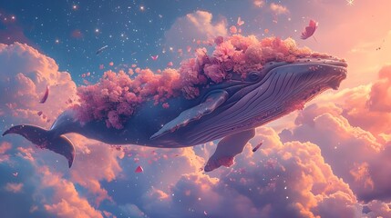 Whale 3d artwork design with pink flower wreath crown in blue sky cloudscape garden, nature conservation ocean life hand-drawn painting, child book cover wallpaper fantasy landscape 3d digital art